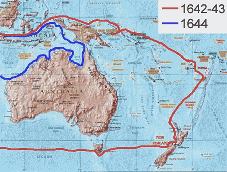 De routes die Abel Tasman heeft afgelegd. Bron: Wikipedia.